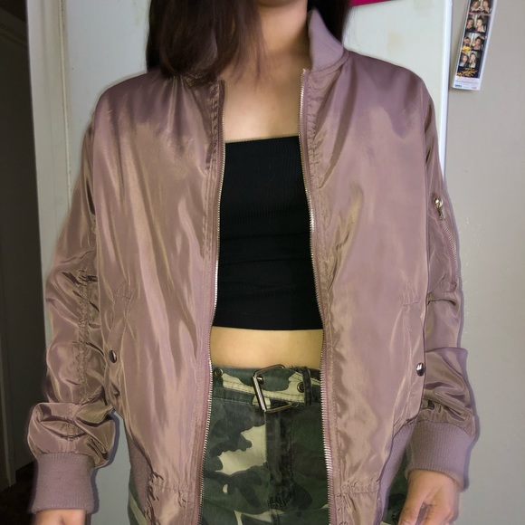 OVERSIZED Mauve Pink Satin Bomber Jacket - Picture 3 of 3